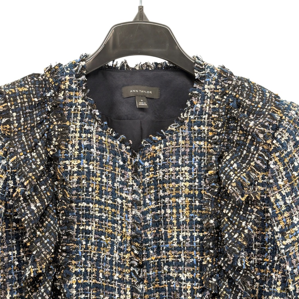 Ann Taylor Tweed Jacket Womens 10 Pre-Opened Blazer Navy Ruffle Fringe Trim Open - Picture 11 of 13